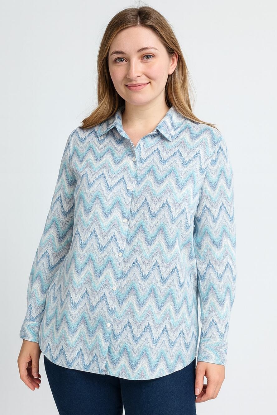 KIM ROGERS 100% Linen Blue Chevron Button Down Shirt Womens Petite Large Beach